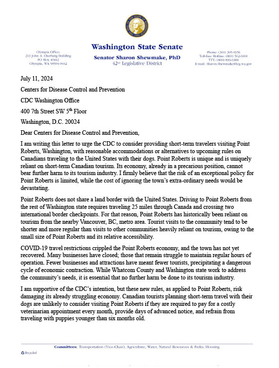 Dog Travel Restrictions Letter From Senator Patty Murray to CDC