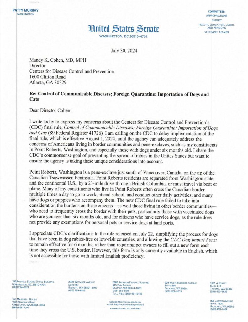 Senator Patty Murray's Letter to the CDC.